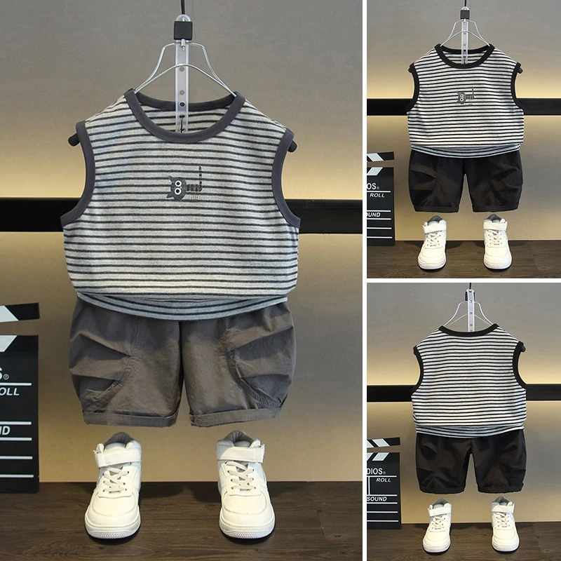 男童夏季卡通动漫无袖薄款条纹背心套装休闲洋气男宝中小童两件套