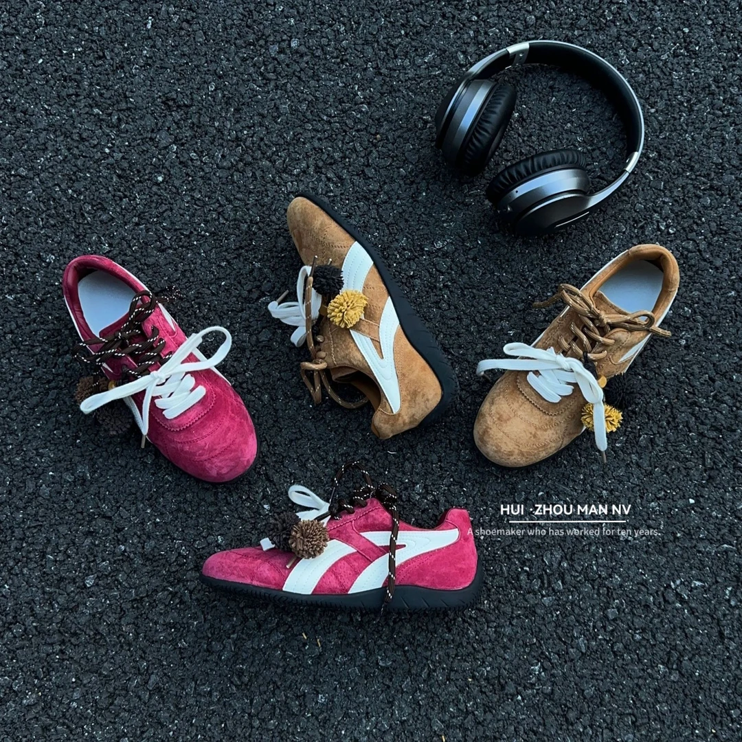 真皮复古松果德训鞋女2025秋季新款百搭拼色系带休闲运动鞋阿甘鞋