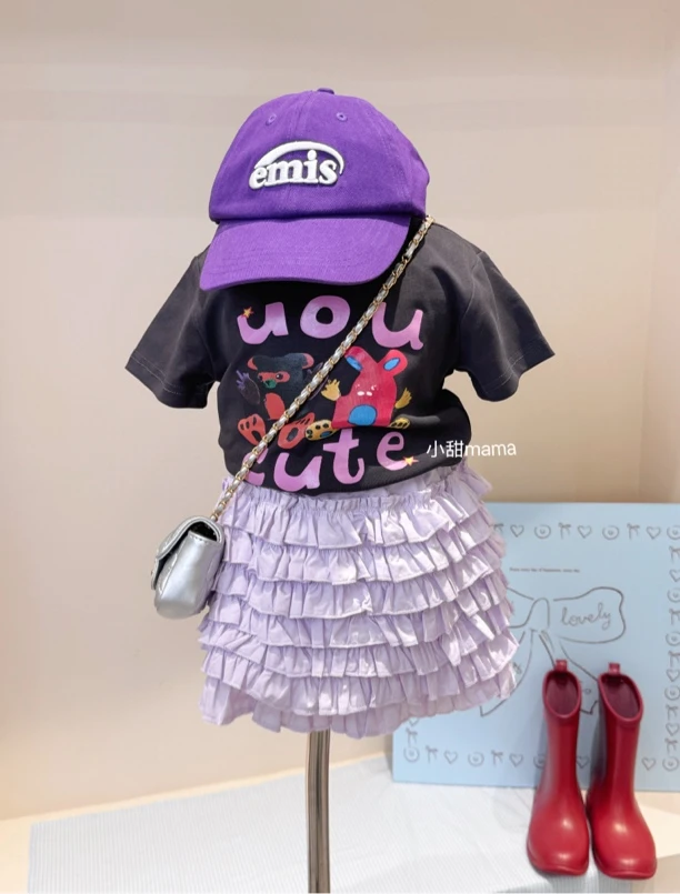 女童夏装卡通T恤蛋糕裙套装女宝辣妹洋气短袖半身裙两件套童装潮