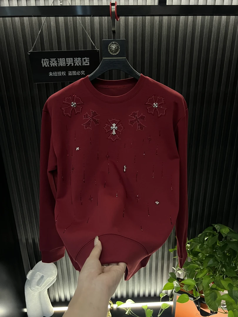 新年长袖320g满天星男款2026烫钻男上衣爆款轻奢高定重工圆领长袖