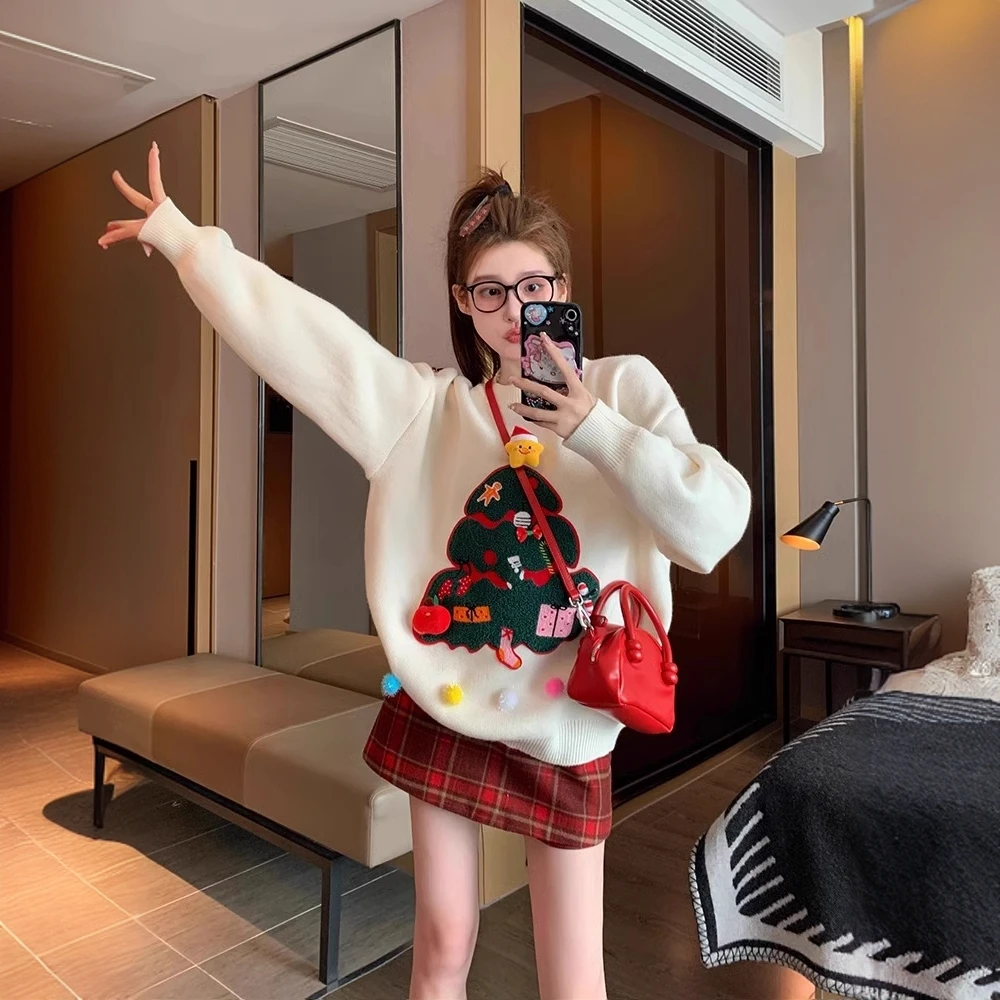 圆领圣诞毛衣女2024新款冬季设计感小众奶fufu慵懒风减龄针织衫