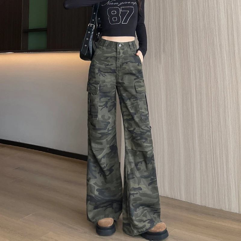 超火迷彩色工装阔腿牛仔裤女2025秋季弹力宽松松弛风登山喇叭裤子