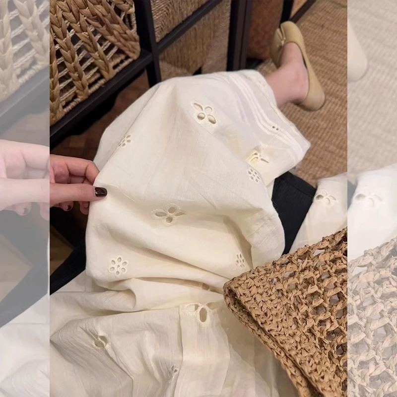 韩系chic精致简约钩花镂空阔腿裤奶系穿搭减龄奶呼呼杏色显瘦长裤