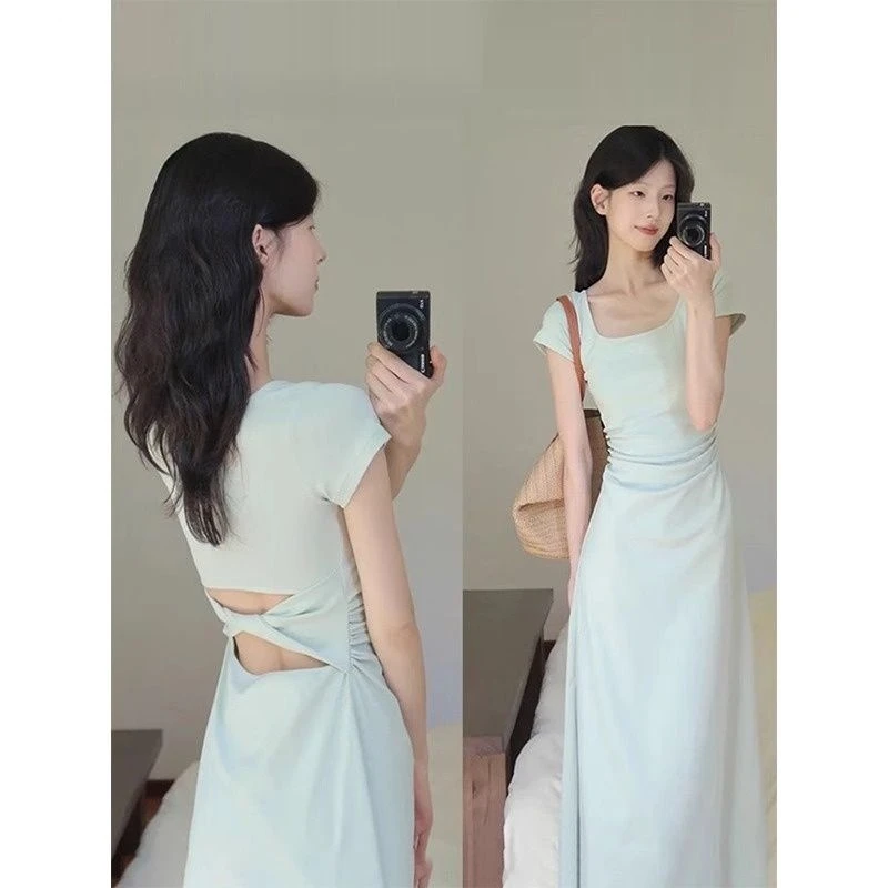 绿色连衣裙女夏日绝美收腰小裙子a字掐腰小黑裙修身包臀长裙套装