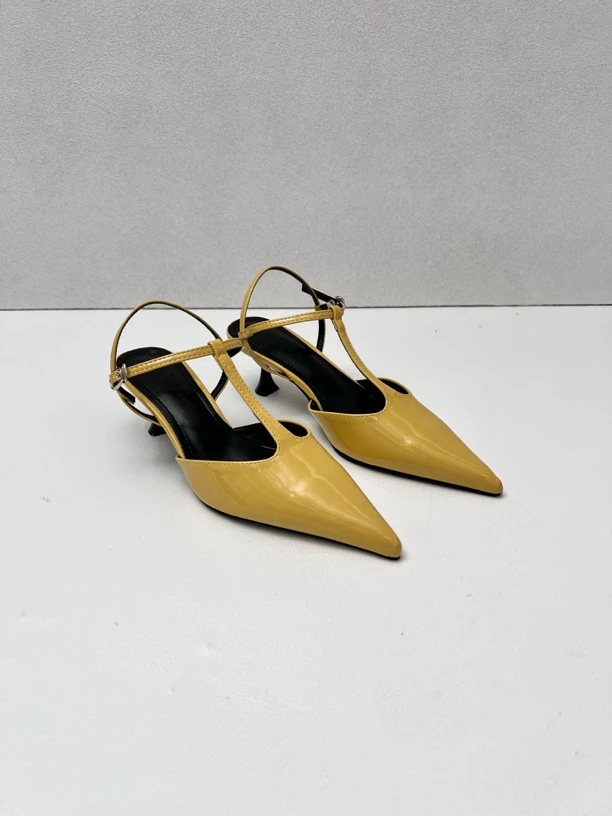 黄色穆勒鞋法式高跟鞋2025春秋新款后空尖头凉鞋女T字扣带女单鞋