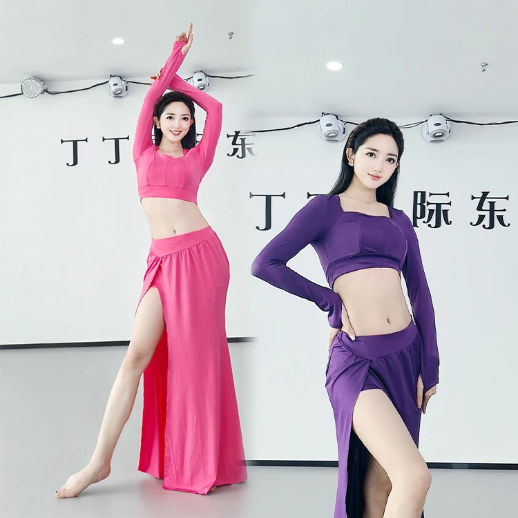 SWEGAL肚皮舞复古宫廷式牛奶丝练功服可插垫长袖勾指性感高开叉