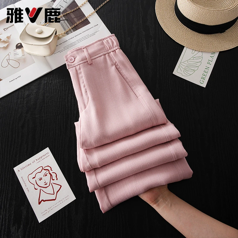 V/雅鹿简约亚麻阔腿休闲裤女2025新款高腰宽松垂感百搭直筒凉凉裤