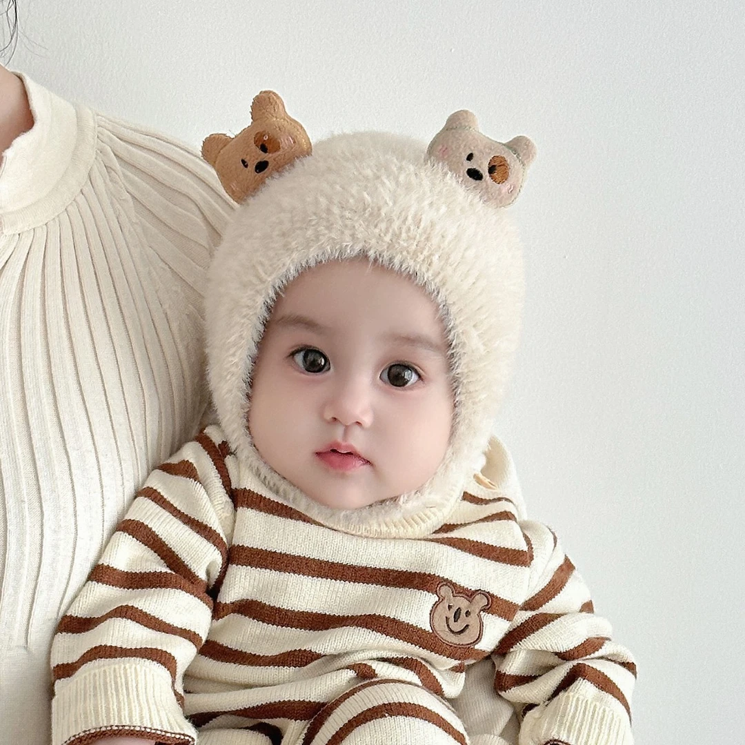 婴儿帽子秋冬款小月龄男童小熊毛绒护耳帽冬季宝宝保暖针织毛线帽