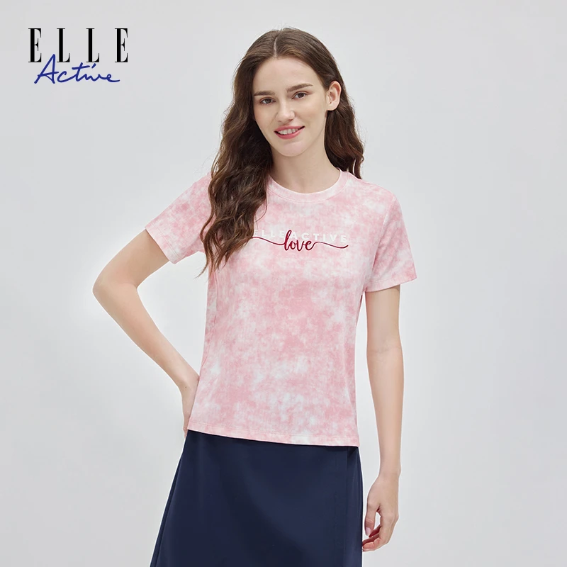 ELLE Active夏季水彩粉色短袖T恤女圆领潮流晕染上衣休闲女装新款