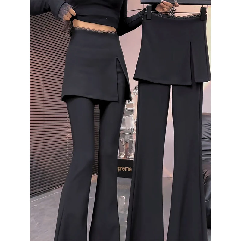 蕾丝拼接假两件微喇叭裤裙女春季2025新款时尚高腰显瘦休闲拖地裤