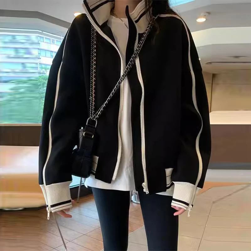 2025春秋季新款女士黑白拼接立领棒球服外套宽松独特休闲夹克上衣