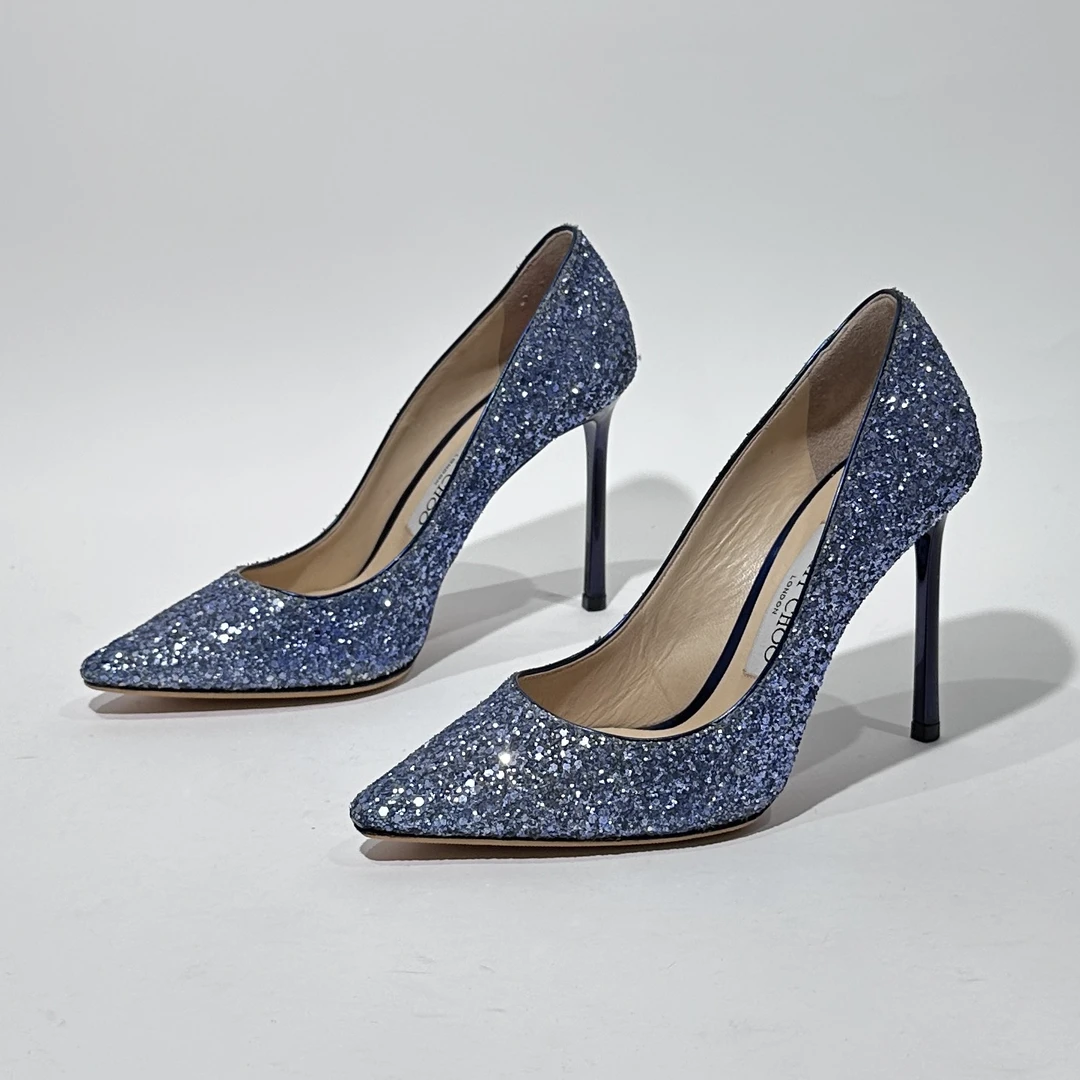 95新 JIMMY CHOO/吉米周 35.5码 蓝色亮片时尚高跟鞋/WX80144