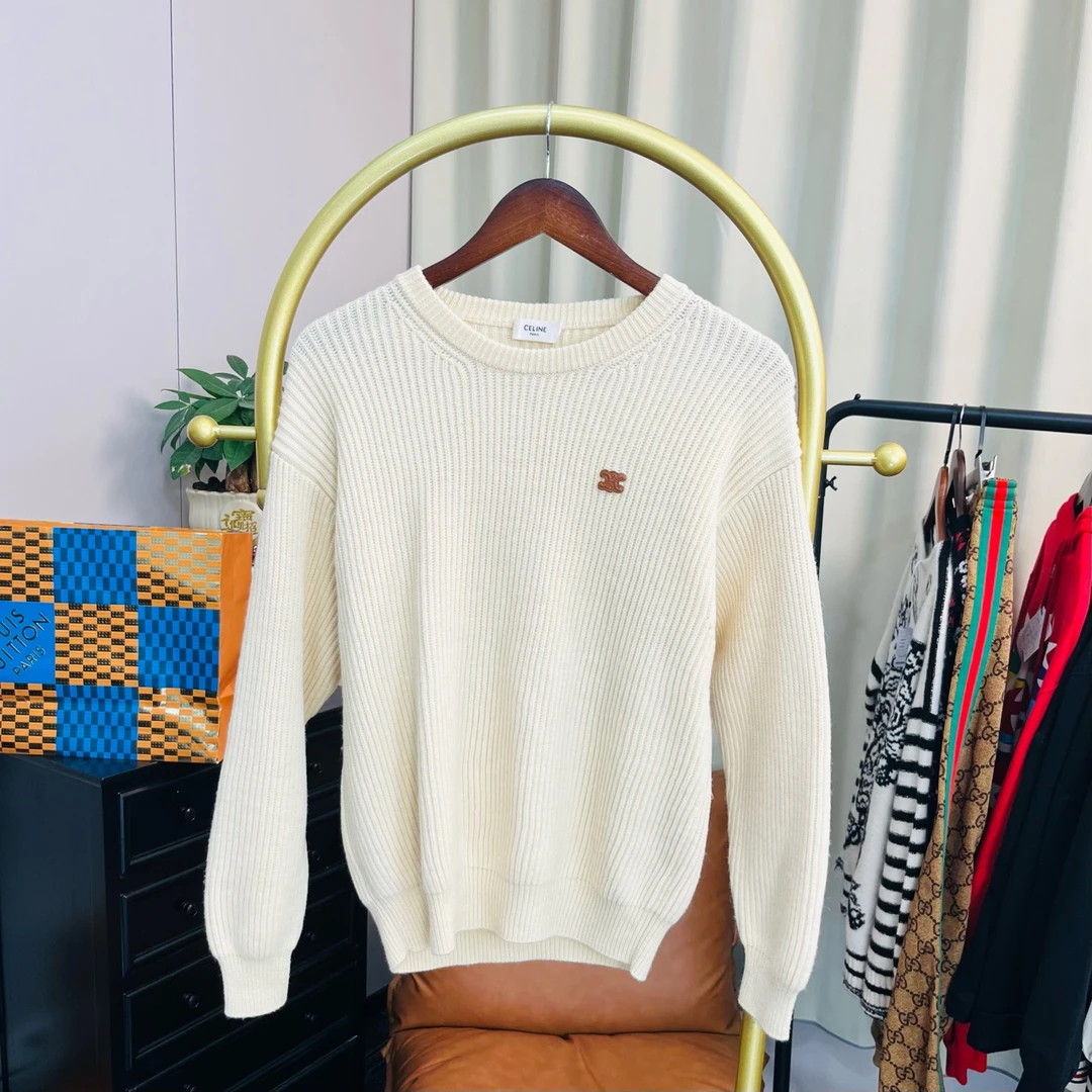 99新 Celine/思琳  白色凯旋门小logo毛衣 S码