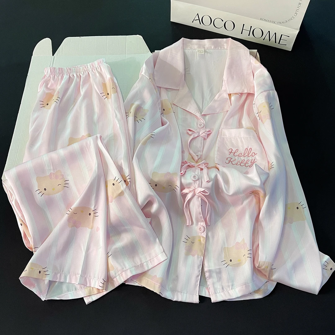 粉色条纹睡衣女秋冬季冰雪丝甜美KT猫咪长袖网红ins家居服套装