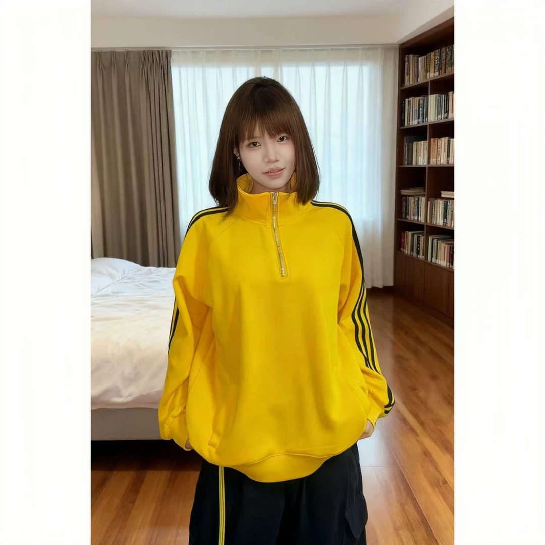 YWBY美式复古风春秋季新款半拉链立领卫衣男女休闲运动风上衣外套