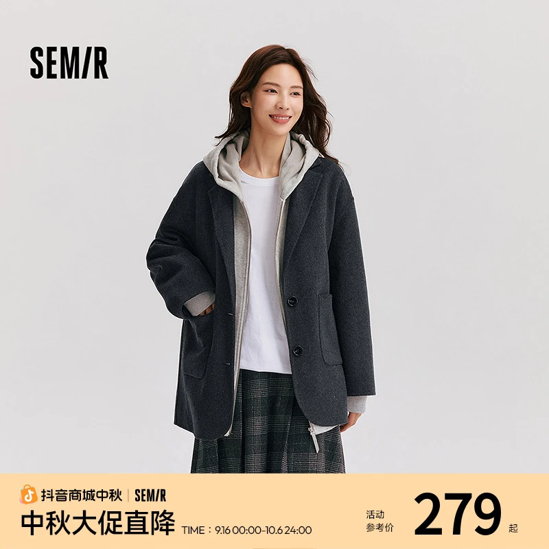 森马外套女中长款西装领通勤百搭宽松冬新款含羊毛双面呢休闲夹克