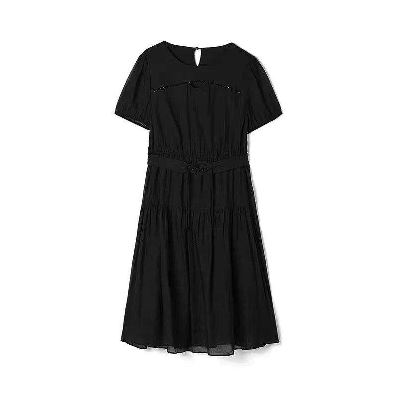 L169夏季新款黑色泡泡袖收腰显瘦盘扣腰带天丝气质连衣裙DM8