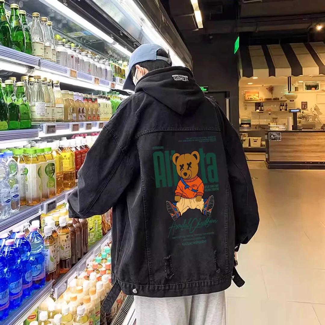 仓石一树潮牌春秋季牛仔外套男生休闲可拆卸帽加绒小熊设计感夹克