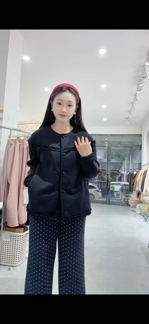 ZL波点微喇裤加绒二棉套装可外穿家居服