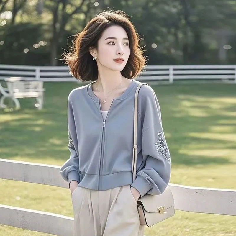 2025超火春季超好看独特漂亮洋气印花女士宽松蓝灰色卫衣外套