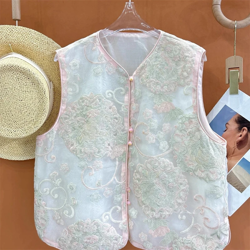 2025春夏季新款复古时尚设计感新中式国风盘扣刺绣欧根纱马甲女潮