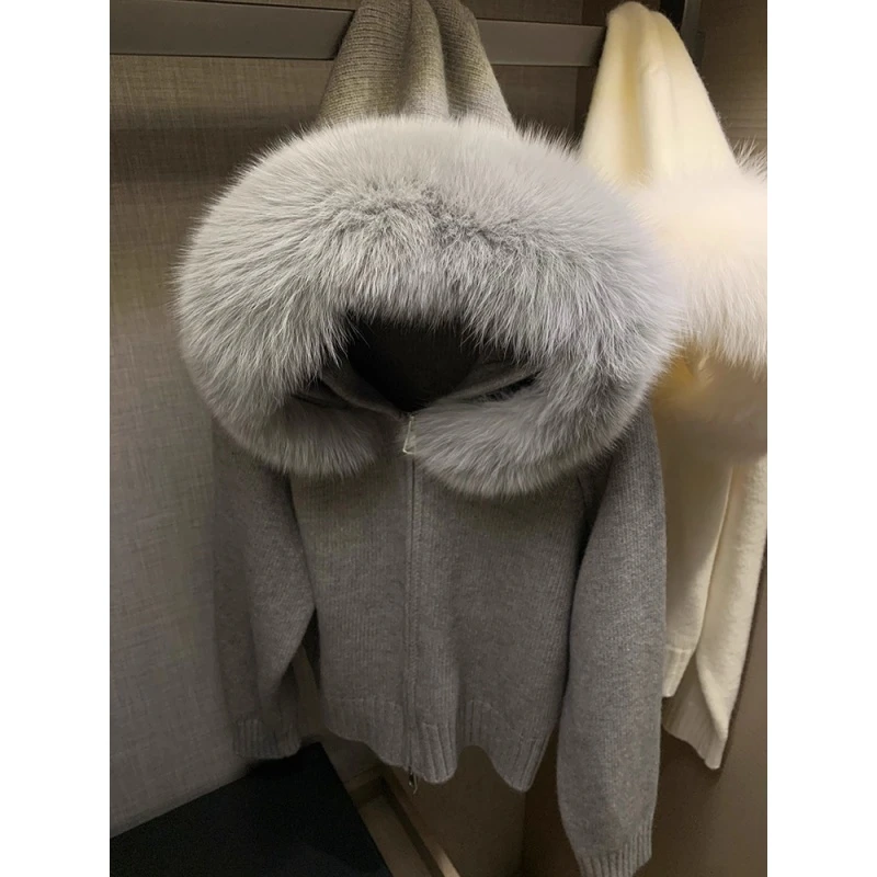 大码300斤大毛领连帽秋冬加厚针织开衫显瘦百搭气质毛衣男女外套