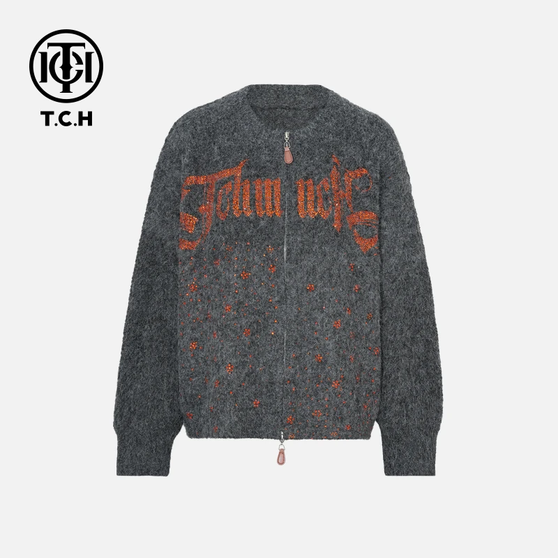 TCH私服秋冬慵懒风烫钻时尚淑女深灰色外套女T75D27E1035轻奢tch