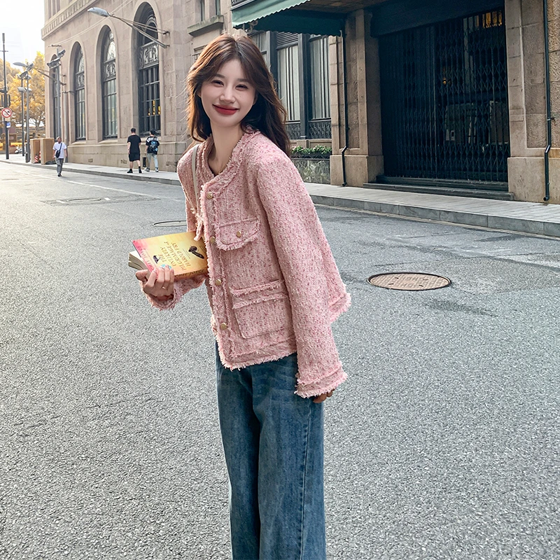 粉色今年爆款粗花呢外套女小个子2025春秋新款法式气质小香风上衣