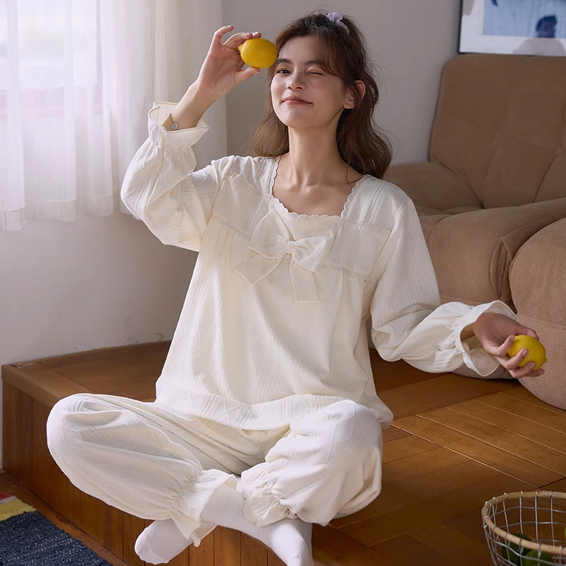 2025新款纯棉睡衣女春秋长袖甜美蝴蝶结带胸垫家居服套装可外穿