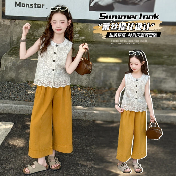 女童夏季套装2025新款中大童洋气印花时髦短袖T恤灯笼裤套装