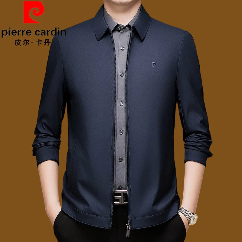 皮尔卡丹春秋季高档轻奢男士商务外套中年翻领拉链休闲百搭夹克衫