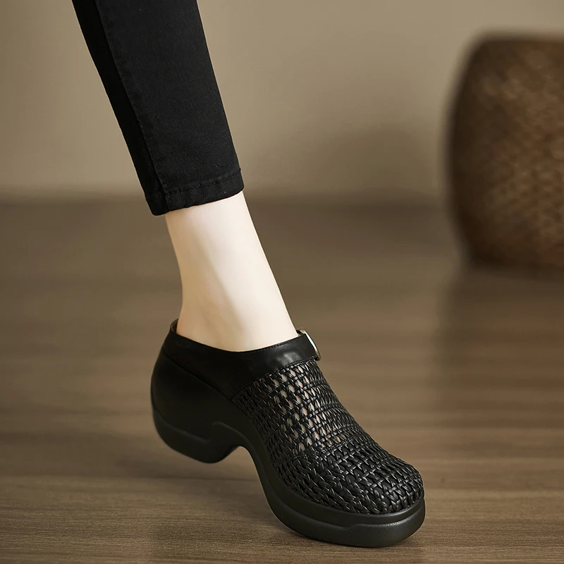 小个子手工女鞋8cm~防水台高跟罗马凉鞋女外穿编织厚底粗跟半拖鞋