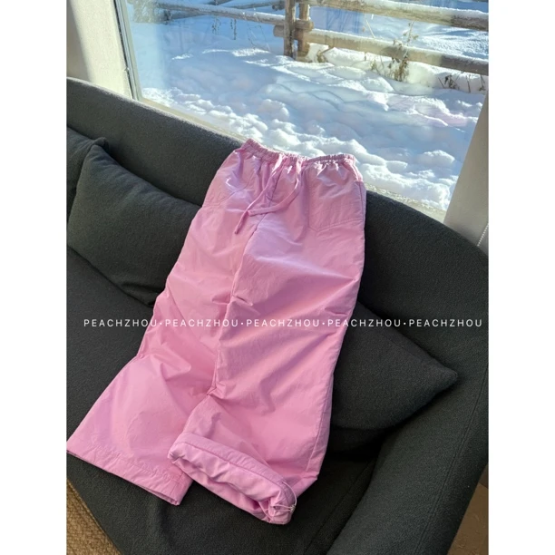 PEACHZHOU 精梳棉'有型棉裤'宽松休闲抽绳松紧腰保暖夹棉直筒长裤