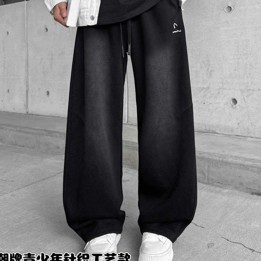 水洗休闲裤秋季男士破洞休闲卫裤阔腿裤宽松美式卫裤