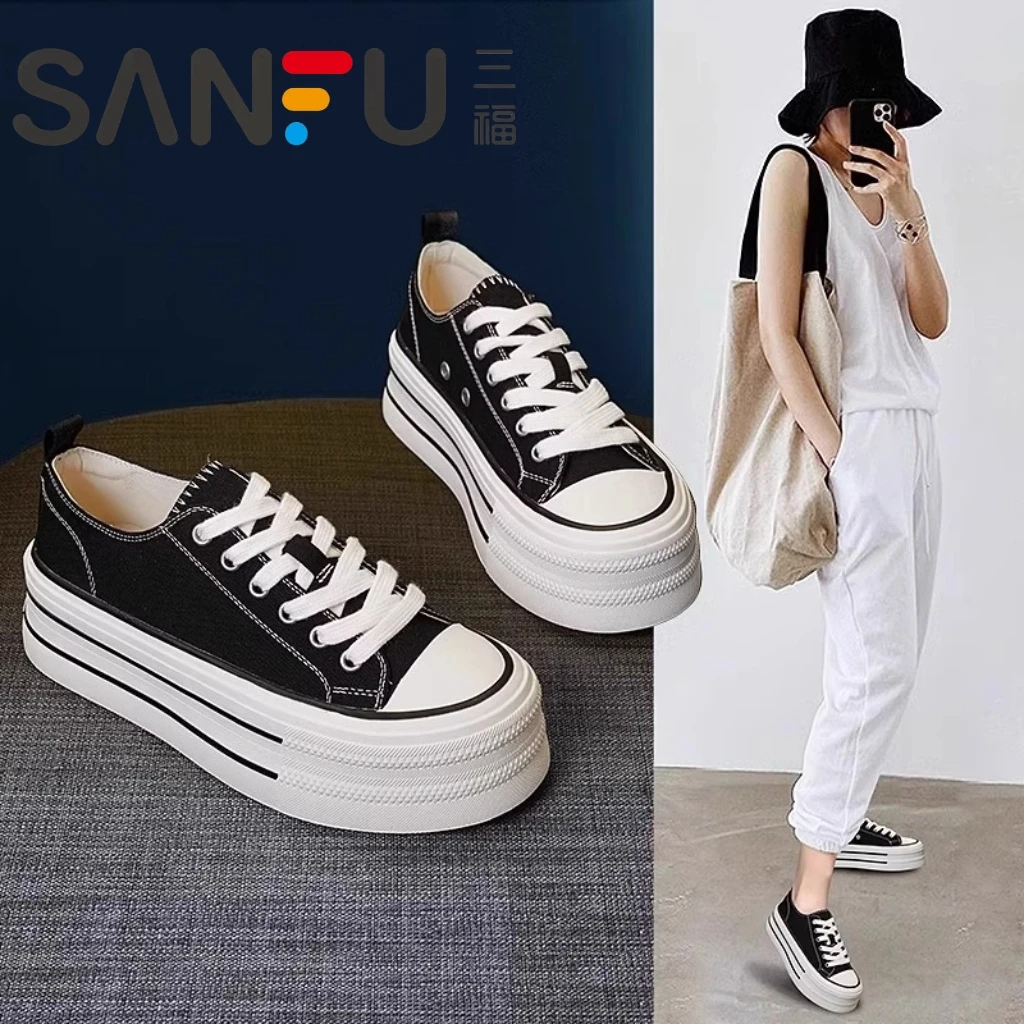 三福厚底帆布鞋女2025春季新款小个子休闲板鞋百搭爆款松糕小白鞋