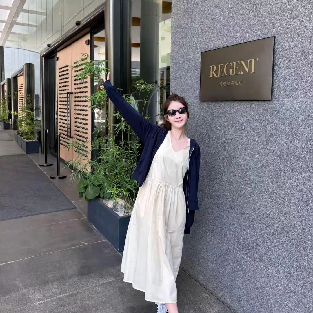 82983余小鱼【仲夏夜】两色V领褶皱宽松休闲无袖吊带连衣裙长款女装