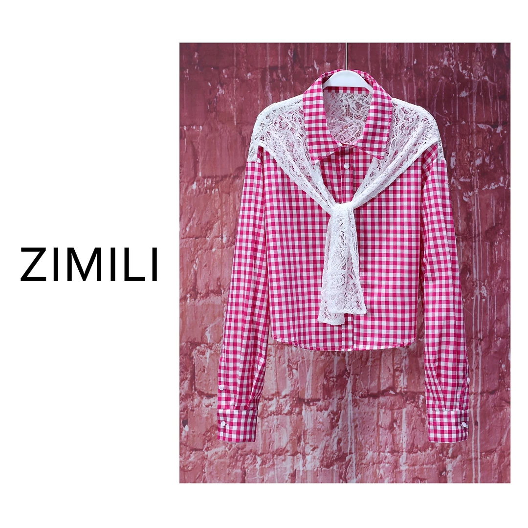【亮哥女装】2025红白格纹拼接蕾丝披肩假两件短款衬衫6597