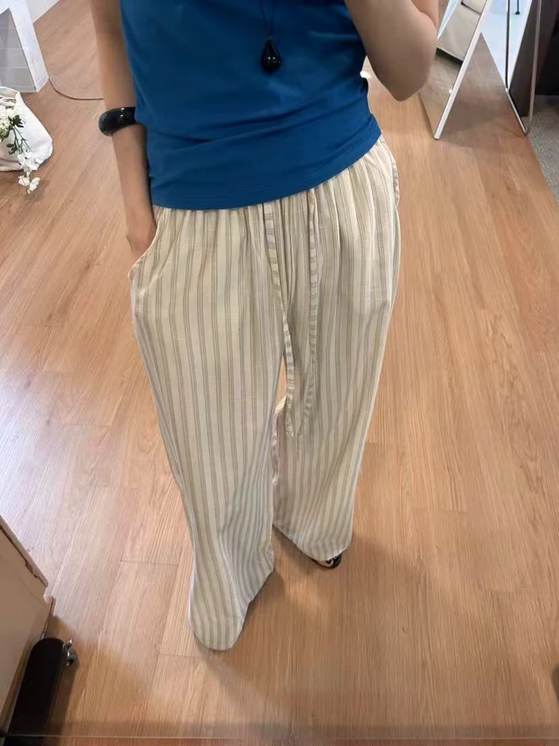 夏季薄款竖条纹阔腿防晒裤女款休闲直筒垂坠感好2561