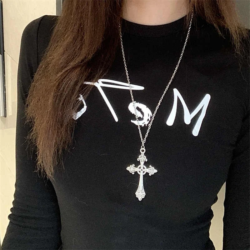 合金项链 韩国小众设计银色十字架项链复古辣妹颈链复古朋克颈饰