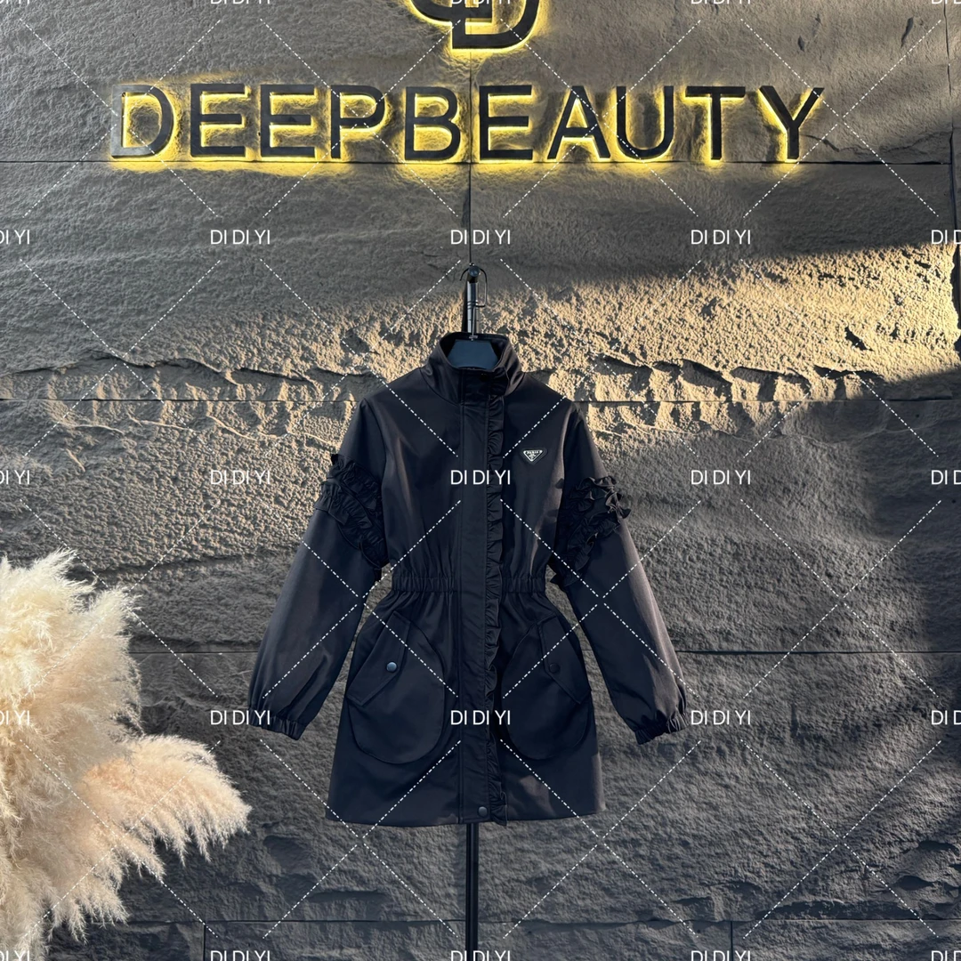 大码设计—宽松型立体口袋木耳边长袖显瘦百搭中长款外套25-051