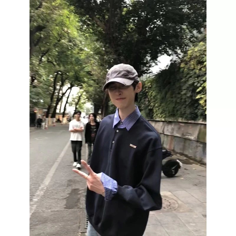 藏青色假两件POLO衫男生春秋季潮牌长袖翻领打底衫小众高级感卫衣