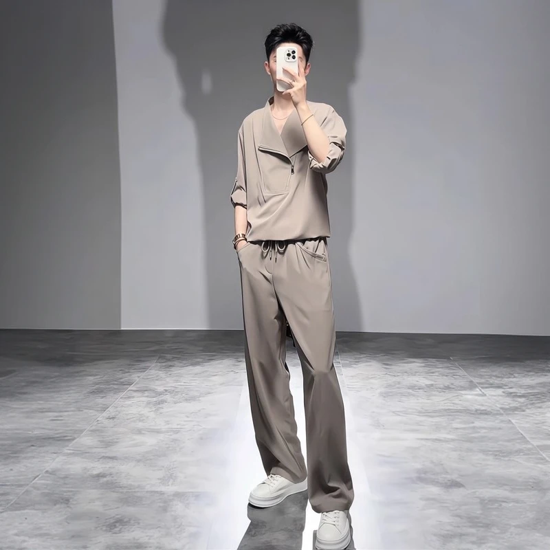 奥锐捷思小众设计感衬衫套装男春秋季衣服垂感套头长袖衬衣两件套