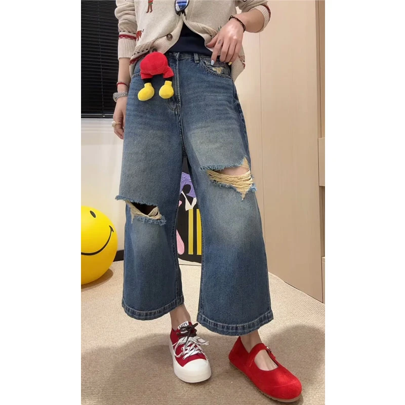 艾塔莉八分破洞阔腿裤女夏季新款百搭设计感牛仔裤大码宽松直筒裤
