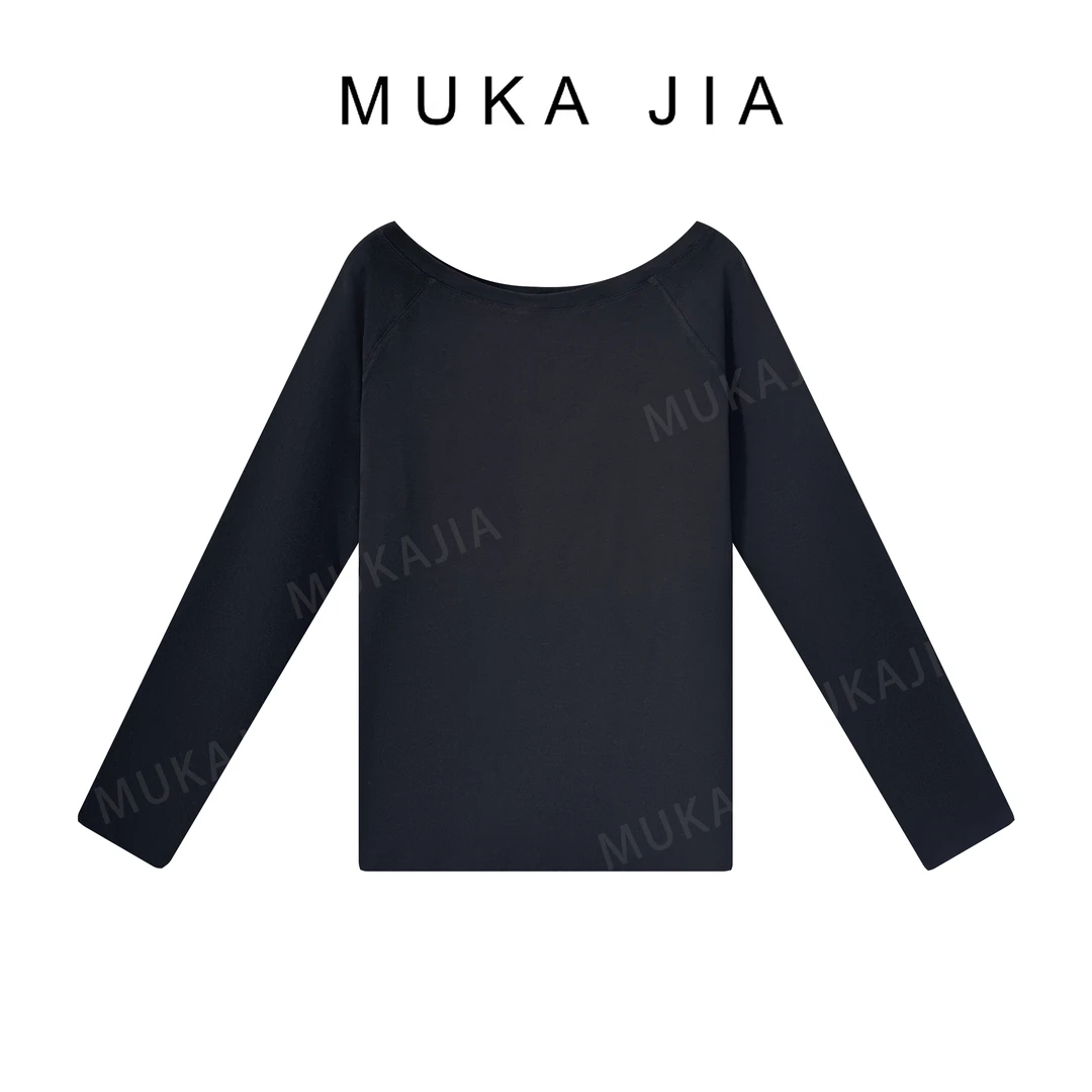 木卡家 春季新款舒适纯色打底衫圆领一字肩长袖T恤时尚百搭女士