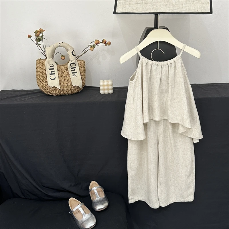 现货【海边】女童背心长裤两件套夏儿童洋气系绳挂脖吊带阔腿裤套装