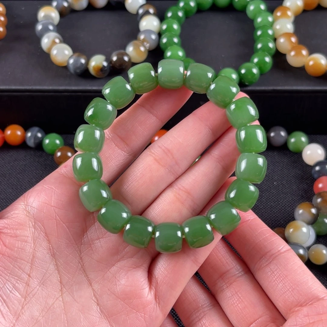和田玉手串未镶嵌卡12俄碧阳绿满肉