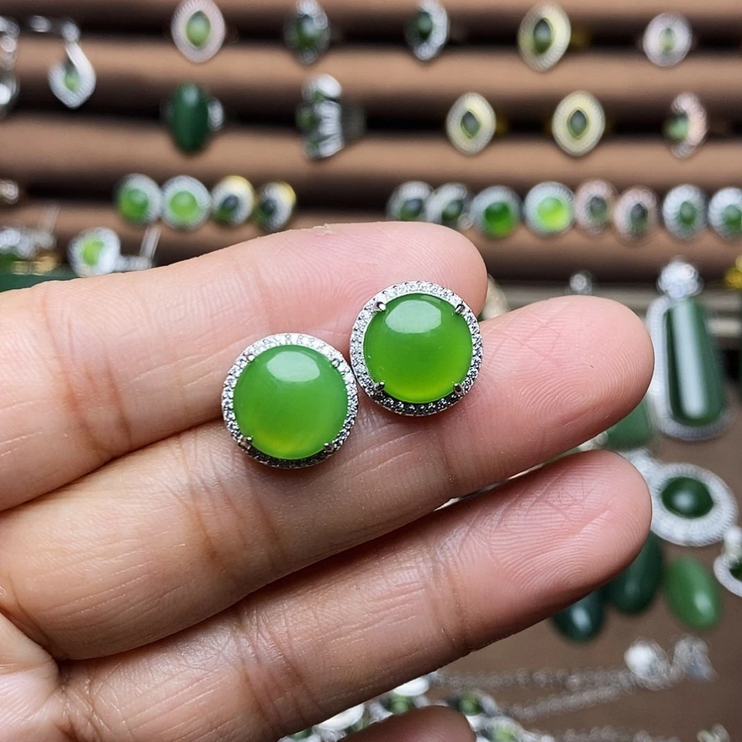 吊坠(不含链)银S925镶嵌和田玉（碧玉）耳饰