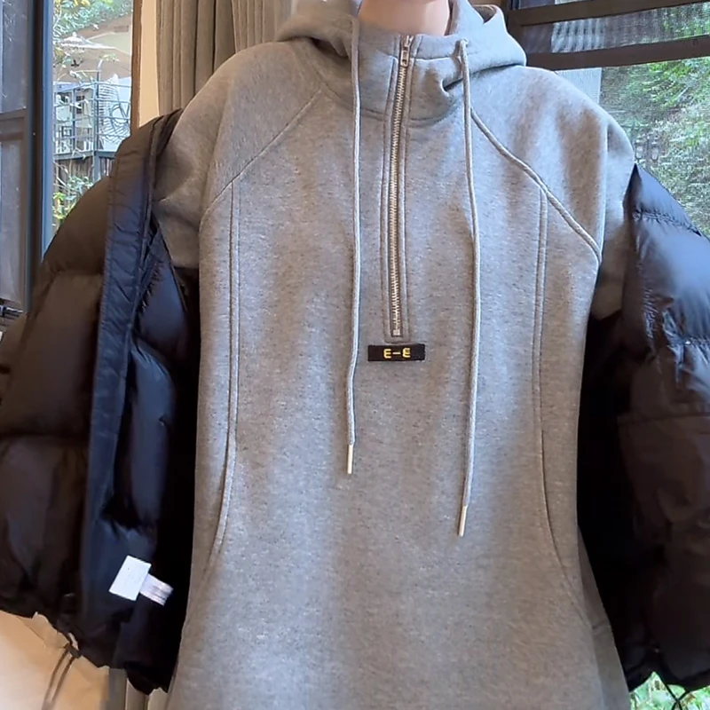 简约冬季加厚加绒连帽套头卫衣女宽松显瘦高级感时尚气质休闲上衣