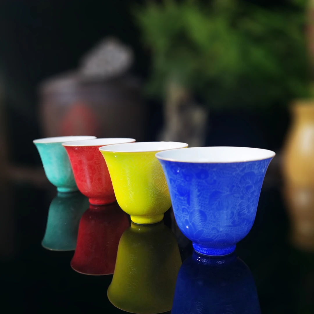 景德镇陶瓷手工扒花品茗杯单杯主人杯中式纯手工家用创意