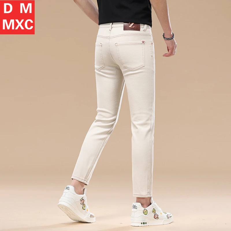 2025春夏新款男士高端九分杏色牛仔裤男薄款修身小直筒弹力潮流9